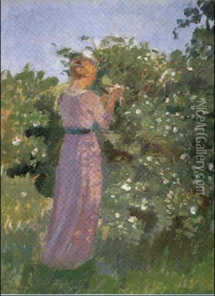 Solskinsdag Med Kvinde Staende I Lilla Kjole Ved            Blomstrende Busk Oil Painting - Anna Kirstine Ancher