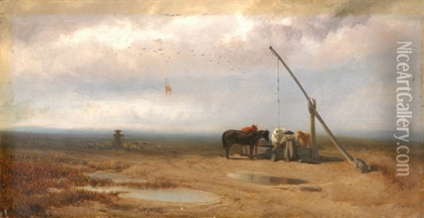 Weite Landschaft Mit Ziehbrunnen, Pferden Und Schafherde Oil Painting - Melchior Fritsch