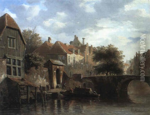 A Barge Being Moored By A Bridge Oil Painting - Adrianus Eversen