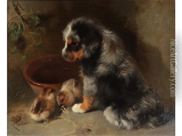 Companionship' (a Dog And Two Chicks) Oil Painting - George William Horlor