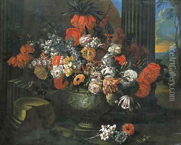 Tulips, roses, carnations and other flowers in a sculpted vase before a column, a landscape beyond Oil Painting - Jan-baptist Bosschaert