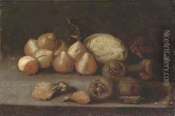 A squirrel, pears, a melon, lychees and chestnuts on a ledge Oil Painting - Juan de Zurbaran