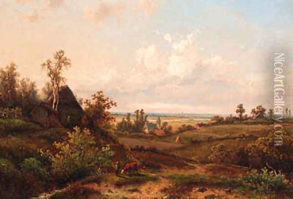 A young cowherd near a cottage in a summer landscape Oil Painting - Claas Hendrik Meiners