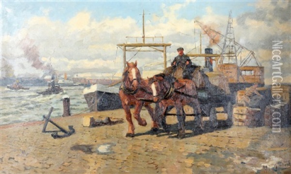 Sleperswagen Aan De Kade Oil Painting - Gijsbertus Johannes Van Overbeek