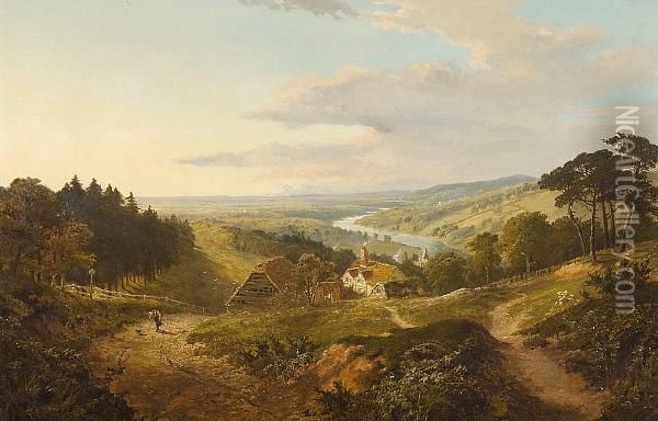 A Large Panoramic Landscape Towardsrunnimead Oil Painting - Edmund John Niemann, Snr.
