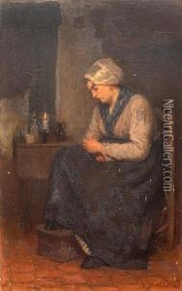 Woman Seated In A Candle Lit Interior Oil Painting - David Adolf Constant Artz