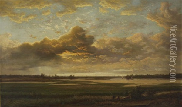 Sunset River Landscape With Impending Clouds Oil Painting - Alexander Ferdinand Wust