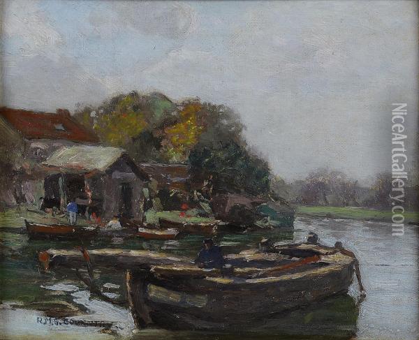 River Landscape With Barge Oil Painting - Robert Mcgown Coventry