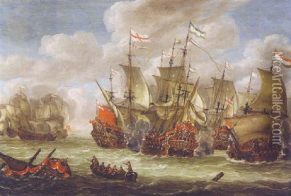 A Naval Battle Between The English And Dutch Fleets Oil Painting - Jacob Adriaenz. Bellevois