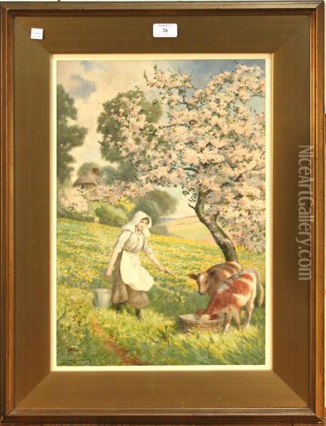Landscape With Womancarrying A Pail Of Water Towards Calves Feeding Beneath A Tree Inblossom Oil Painting - Joseph Kirkpatrick