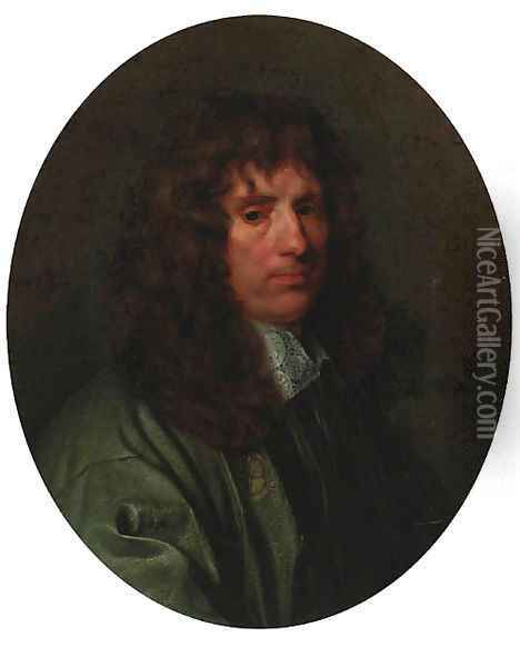 Portrait of a gentleman, bust length, in a green coat and white lace collar Oil Painting - Gerard Soest