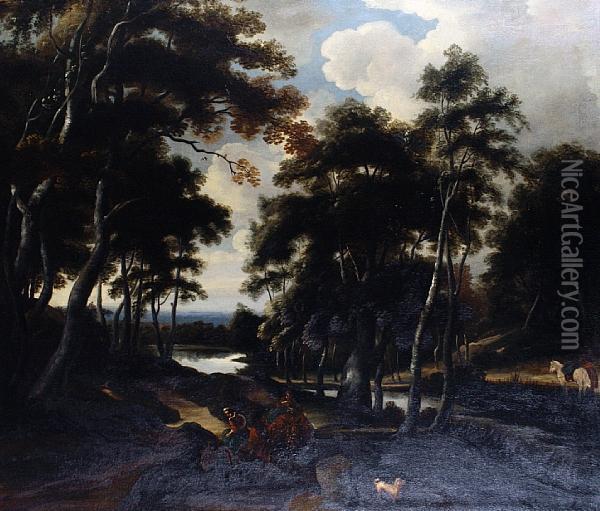 Travellers In A Wooded Landscape Oil Painting - Jacob Van Ruisdael