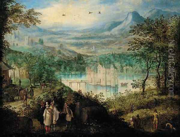 An extensive mountain landscape with elegant company at the vendage, a castle beyond Oil Painting - Lucas van Valckenborch
