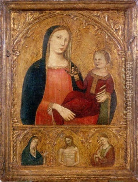 La Vierge A L'enfant Tenant Un Oiseau Et Le Christ Entre La Vierge Et Saint Jean Oil Painting - Agnolo di Taddeo Gaddi