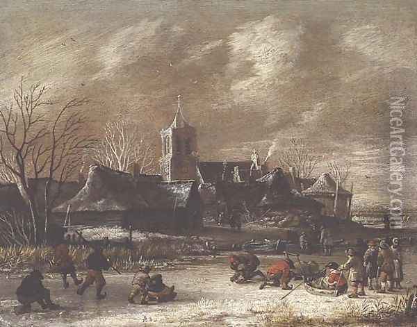 Town in Winter with figures skating Oil Painting - Salomon Rombouts