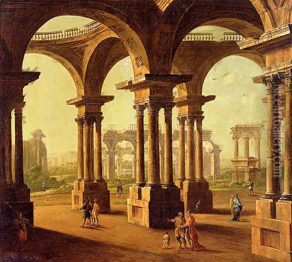 Cappricio Of Roman Ruins with Classical Figures Oil Painting - Antonio Joli