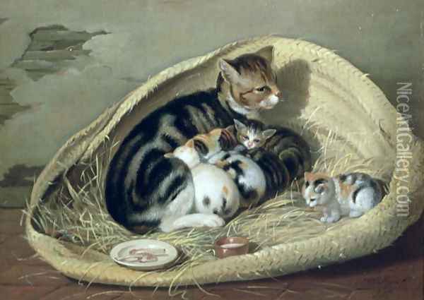 Cat with Her Kittens in a Basket, 1797 Oil Painting - Samuel de Wilde