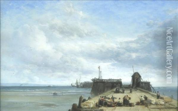 Coastal Scene With Figures On A Jetty Oil Painting - James Webb