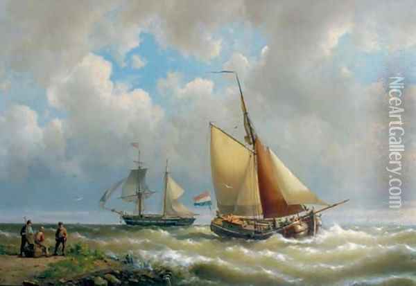Sailing along a coast, a two-master in the distance Oil Painting - Hermanus Koekkoek