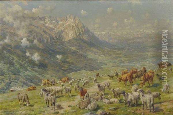 Sommerliche Alm Mit Schafen Und Rindern - Ausblick In's Tal Oil Painting - Hans W. Schmidt