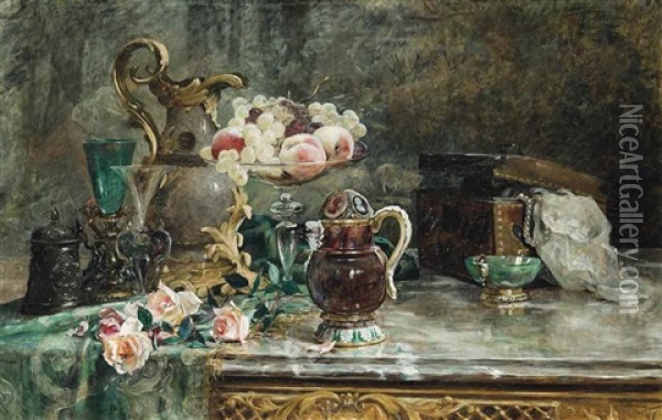 Roses, Fruits And Jewellery On A Ledge Oil Painting - Rene Louis Chretien