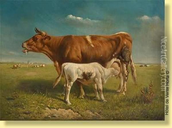 Vache Et Veau Au Paturage Oil Painting - Johannes-Hubertus-Leonardus de Haas