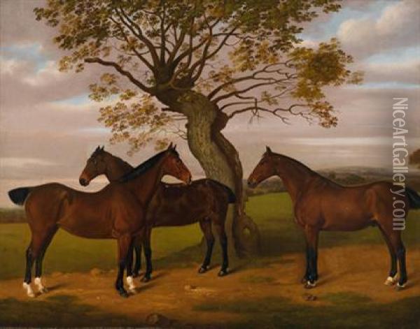 Three Bay Hunters In Landscape Oil Painting - Edward Gill