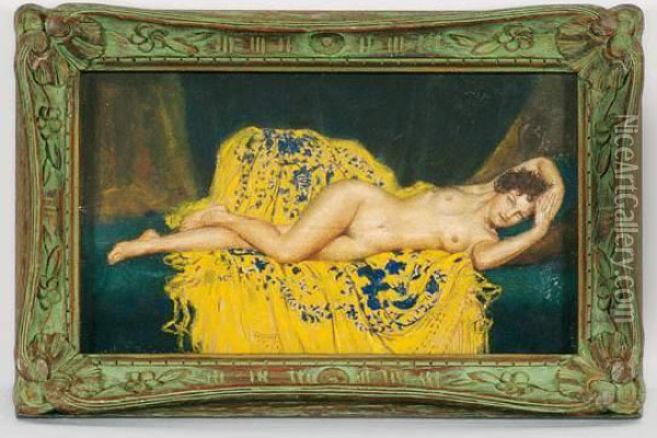 Nu Feminin A La Draperie Jaune Oil Painting - Gustave Brisgand