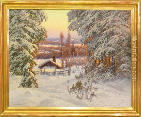 Vinterlandskap Med Stuga Oil Painting - Anshelm Schultzberg