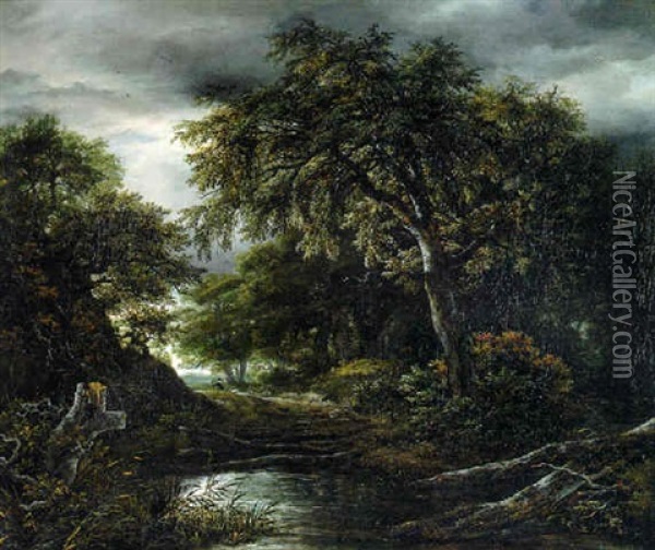 A Wooded Landscape In Stormy Weather With A Pool, A Peasant And A Dog On A Track Oil Painting - Jacob Van Ruisdael