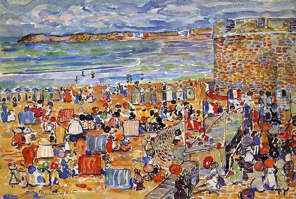 On The Beach St Malo Oil Painting - Maurice Brazil Prendergast