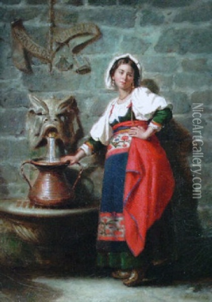 At The Fountain Oil Painting - Moses Wight