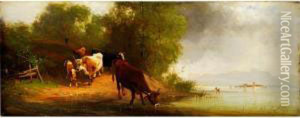 Kuhe Bei Der Tranke Am Ufer Des Chiemsees Oil Painting - Friedrich Zahn