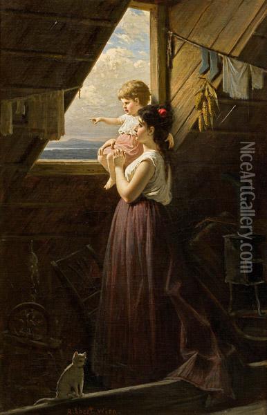 Mutter Mit Kind Am Fenster Oil Painting - Anton Ebert