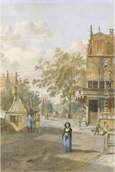 Street Scene, With Figures By A Bridge Over A Canal Oil Painting - Johannes Huibert Prins