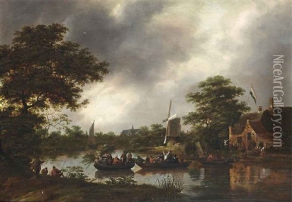 A River Landscape With Figures On Ferryboats, Leaving A Carnival Oil Painting - Nicolaes Molenaer