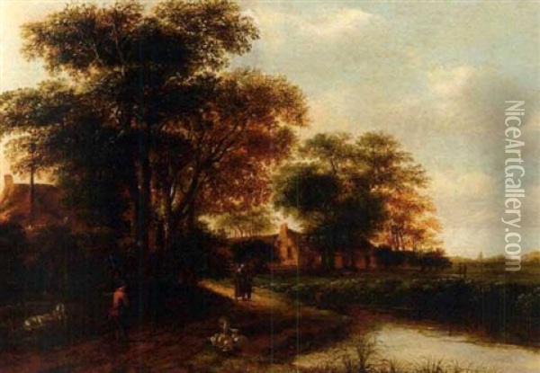 Villagers On A Road By A River Oil Painting - Jacob Van Ruisdael