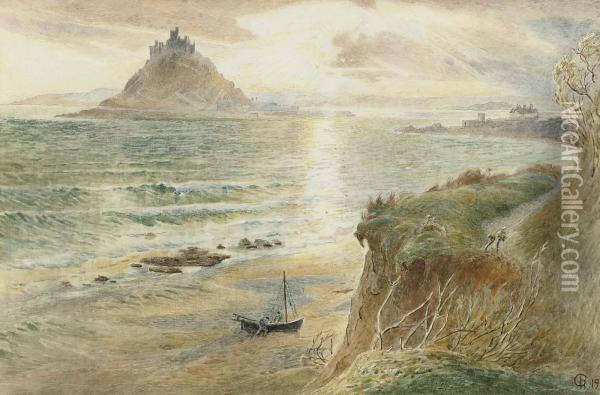 Fishermen Hauling A Boat Up On The Beach Before St Michael's Mount Oil Painting - Harry Goodwin