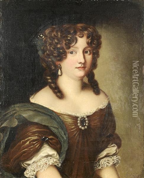 Portrait Of A Lady, Half-length, In A Brown Dress, A Blue Wrap And A Pearl Brooch Oil Painting - Jacob Ferdinand Voet