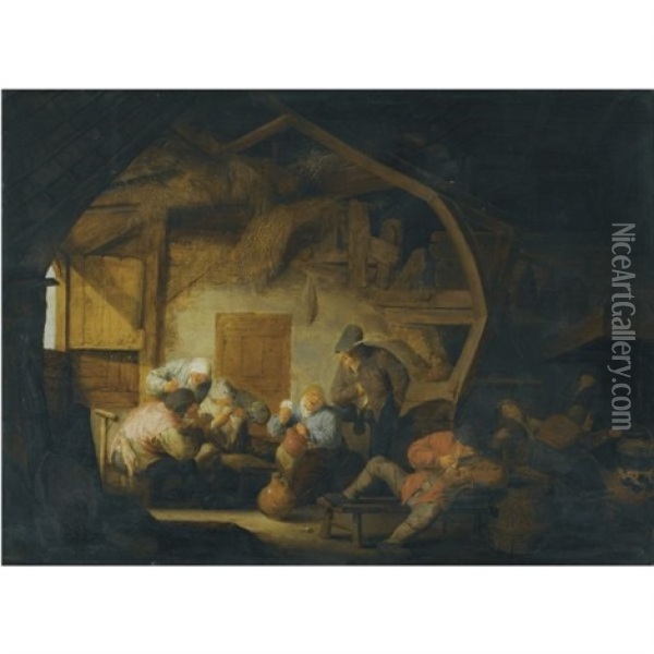 The Interior Of A Barn With Peasants Playing Cards Around A Stool Oil Painting - Adriaen Jansz van Ostade