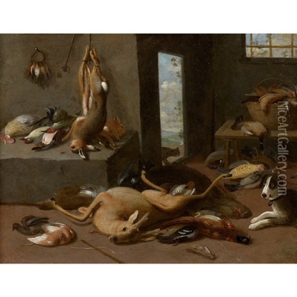 Trophee De Chasse Au Chien Dans Un Garde-manger Oil Painting - Jan van Kessel the Younger