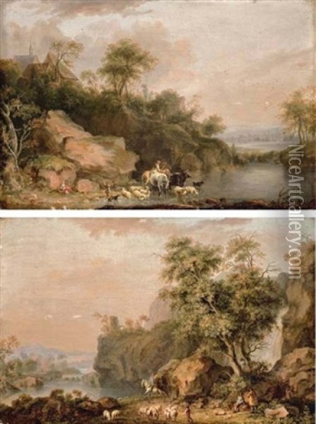 A Rocky River Landscape With Herdsmen (+ A Rocky River Landscape With Travellers; Pair) Oil Painting - Balthasar Paul Ommeganck