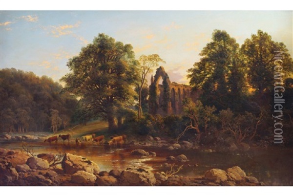 Bolton Abbey On The Wharfe With Cattle In The Foreground Oil Painting - Thomas Whittle the Younger