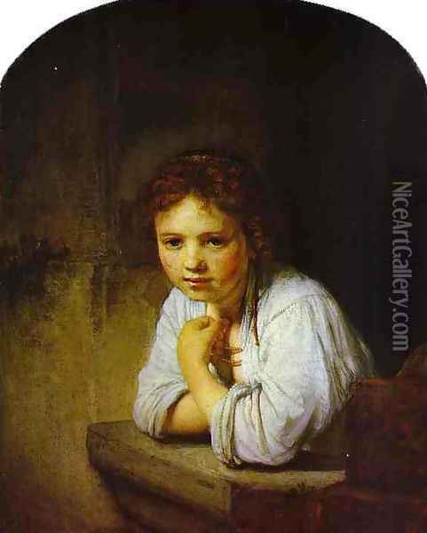 A Young Girl Leaning on a Window-Sill Oil Painting - Rembrandt Van Rijn