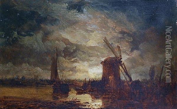 A Windmill By Moonlight Oil Painting - James Webb