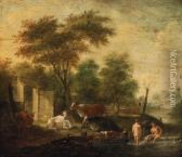 Herdsmen Bathing In A Stream With Cattle Grazing On A Banknearby Oil Painting - Albert-Jansz. Klomp