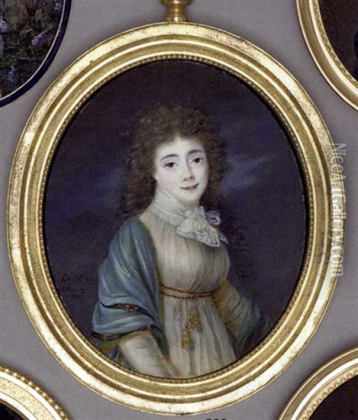 Louise Landgravine Of Hesse-darmstadt, In White Muslin Dress With Gold-bordered Pale Blue Shawl Draped Around Her Shoulders, Muslin Scarf Tied In A Bow At Neck, Long Curling Dark Hair Oil Painting - Le Chevalier de Chateauborg