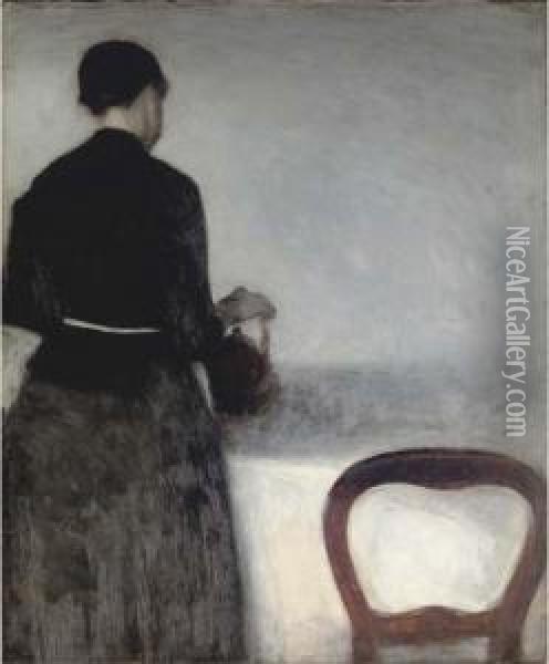 Young Girl Pouring Tea - The Artist's Sister Oil Painting - Vilhelm Hammershoi