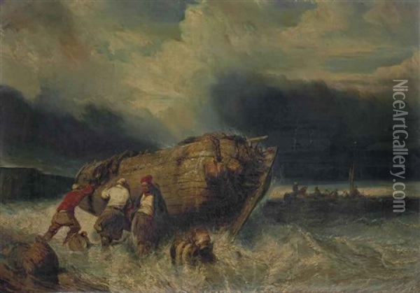 Pecheurs Poussant Une Barque Oil Painting - Louis-Gabriel-Eugene Isabey