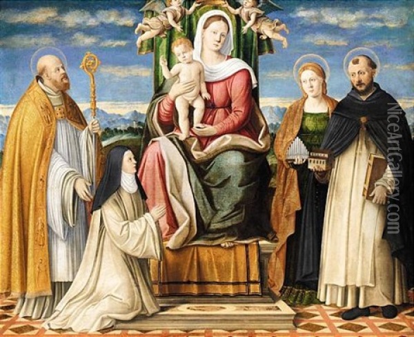 The Holy Family Enthroned With Saints Dominic, Cecilia, Augustine And A Dominican Nun Oil Painting - Girolamo da Santacroce